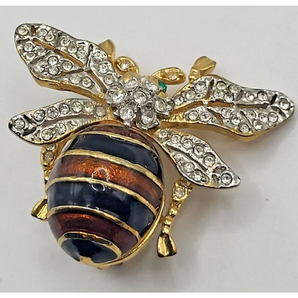 Gold-Plated Bee Brooch Brown Black Enamel Stripes Clear Crystal Rhinestones 1.5
